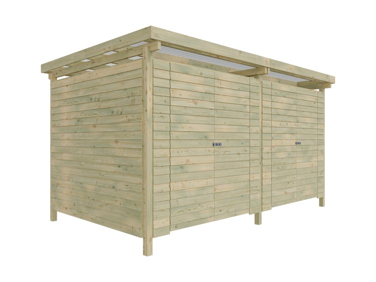 Mülltonnenbox aus Holz für mehrere Mülltonnen mit Flachdach und zwei Doppeltüren.