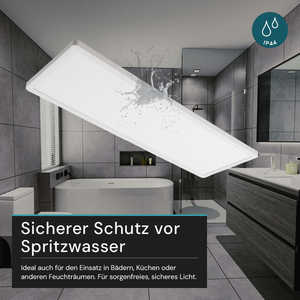 Rechteckige Deckenleuchte mit Spritzwasserschutz in Badezimmerumgebung, Schutzart IP44 Symbol