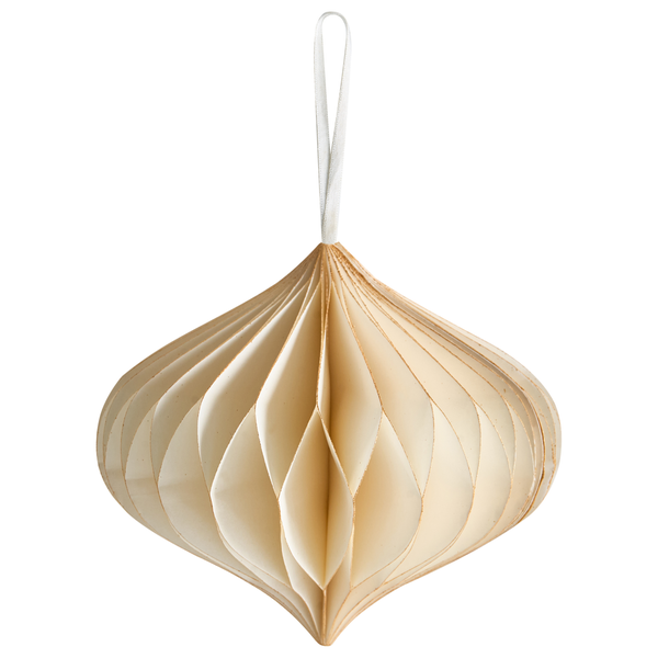 Weihnachtsanhänger aus Papier in Zwiebelform, beige, mit Wabenstruktur und Aufhängeschlaufe.