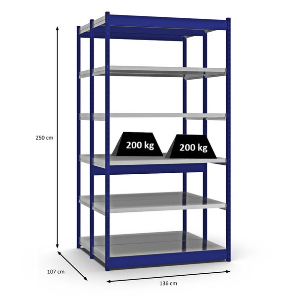PROREGAL Fachbodenregal Stecksystem Vierkant-Profil Grundregal HxBxT 250 x 132,5 x 50 cm 2x6 Ebenen Doppelseitige Bauart Fachlast 200 kg Enzianblau