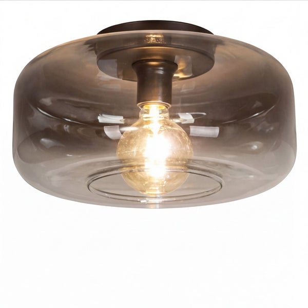 Deckenleuchte aus Glas und Metall in runder Form mit sichtbarem Leuchtmittel.