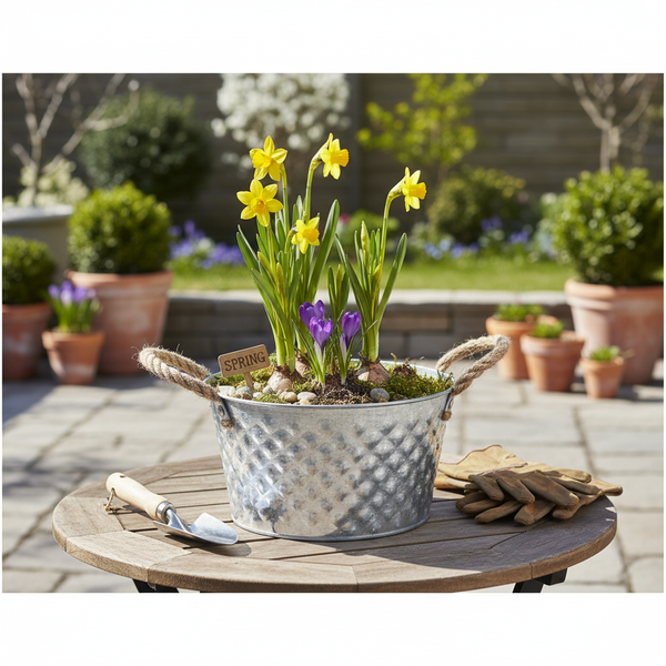 Narzissen und Krokusse in einem verzinkten Metallkübel mit Seilgriffen auf einem runden Holztisch im Garten mit Handschuhen und einer Pflanzkelle.