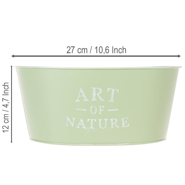 Hellgrüner ovaler Pflanztopf aus Metall mit dem Schriftzug Art of Nature, Breite 27 Zentimeter, Höhe 12 Zentimeter