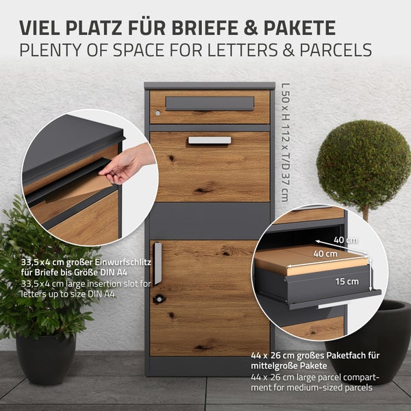 Briefkasten mit Paketfach zur Wandmontage, geeignet für Briefe und mittelgroße Pakete