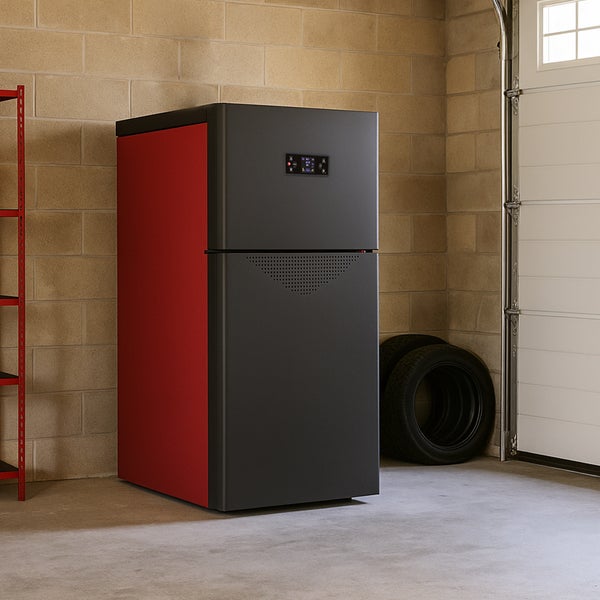 Holzvergaserheizung in einer Garage mit Autoreifen