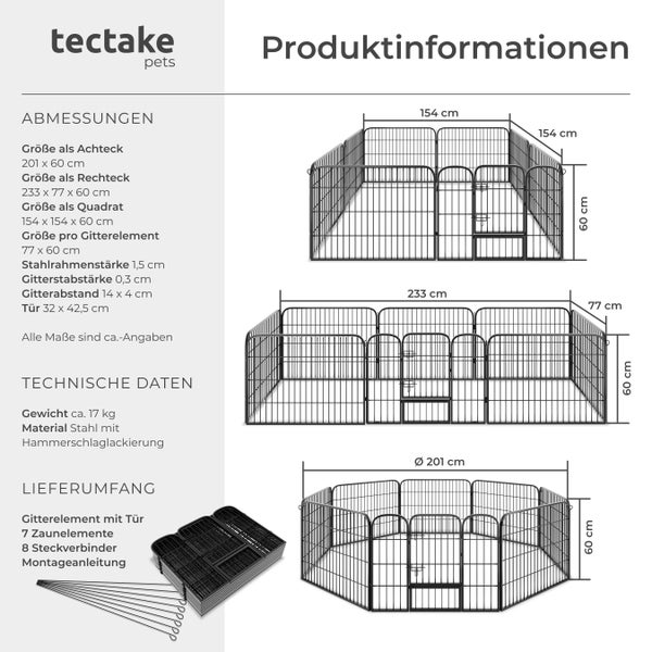 Produktinformationen Tectake Tiergehege mit Abmessungen und technischen Daten