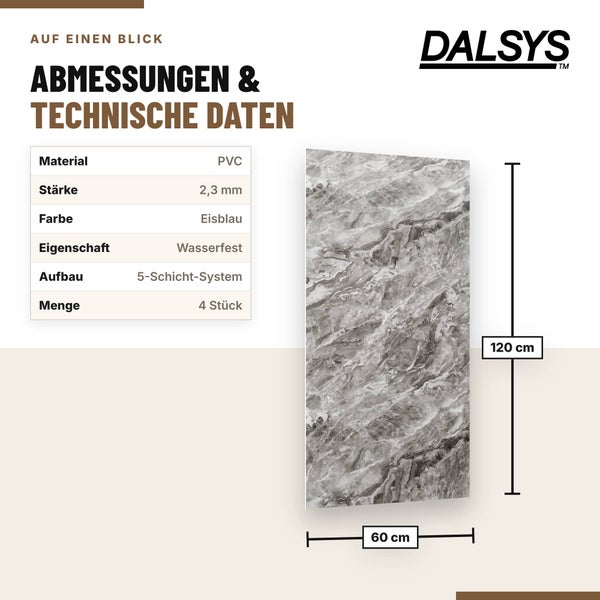 Dalsys Wandpaneel mit Marmoroptik inklusive technischer Daten und Abmessungen von 60 mal 120 Zentimeter aus wasserfestem Polyvinylchlorid.