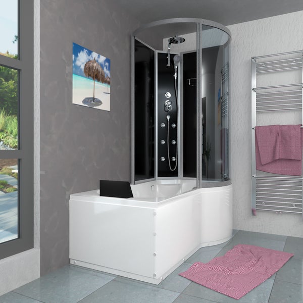 Maßzeichnung für die Montage einer Eckbadewanne mit markierten Anschlusspunkten für Wasser und Strom sowie Maßangaben in Zentimeter.