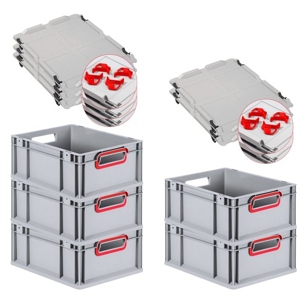 PROREGAL Spar Set 5x Eurobox Nextgen Color Mit Auflagedeckel & Schiebeschnappverschlüsse HxBxT 17 x 30 x 40 cm Griffe Rot Offen Glatter Boden