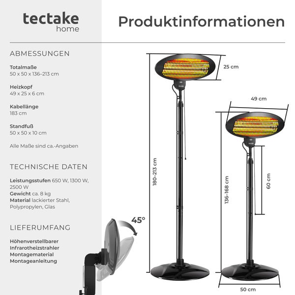 Tectake Home Infrarotheizstrahler mit technischer Zeichnung und Bemaßung, höhenverstellbar mit drei Leistungsstufen bis 2500 Watt aus Stahl.