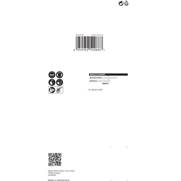 Verpackungsaufdruck mit Barcode, Sicherheitshinweisen, Leistungsvergleich und Herstellerinformationen