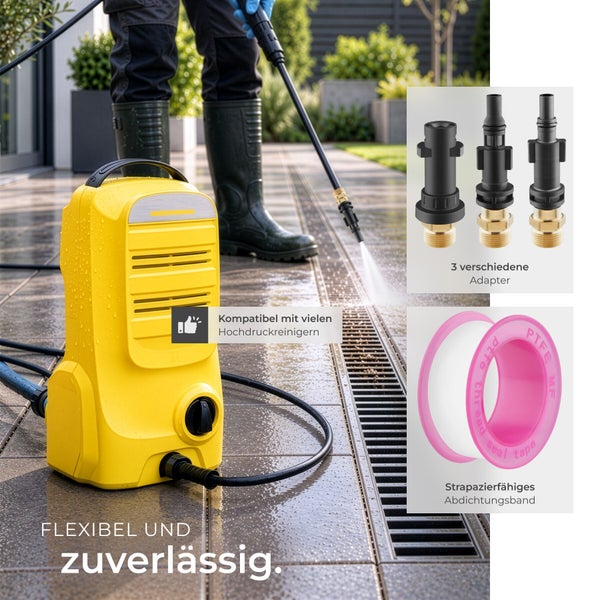 Hochdruckreiniger mit drei Adaptern und Gewindedichtband für die effektive Reinigung von Terrassen und Außenbereichen.