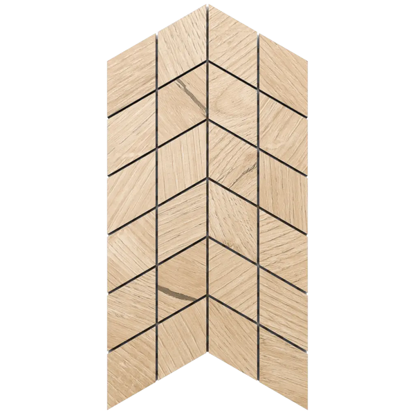 Mosaikfliese in Chevron-Form mit Holzoptik in Eiche.