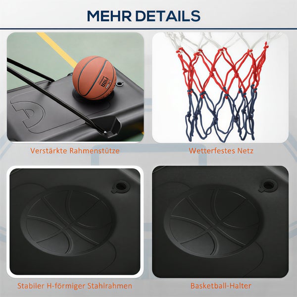 Detailansicht eines Basketballständers mit verstärkter Rahmenstütze, wetterfestem Netz, stabilem Stahlrahmen und Basketball-Halterung.