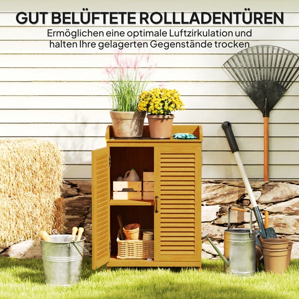 Outsunny Gartenschrank Holz, Geräteschuppen mit Arbeitsfläche, wetterfest Geräteschrank, 65,5x40x98,5cm, Gerätehaus mit Lamellentür, Ablagen, Werkzeugschrank Gartenschuppen für Garten, Terrasse, Gelb