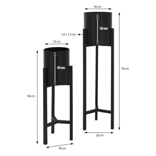 ML-Design Blumenständer im 2er Set, Schwarz, 18x18x56cm / 20x20x76cm , Moderne Blumentopfständer mit Übertopf, Robuste Pflanzenständer aus Metall, Blumentopfhalter 2-TLG, Pflanztopf Deko, Blumenhalter