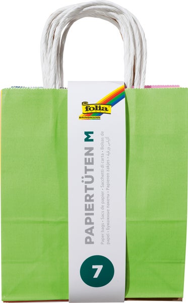 Folia Papiertüten M BASIC, Geschenktüten 110g/m² Kraftpapier 18x8x21cm, 7 Stück farbig sortiert