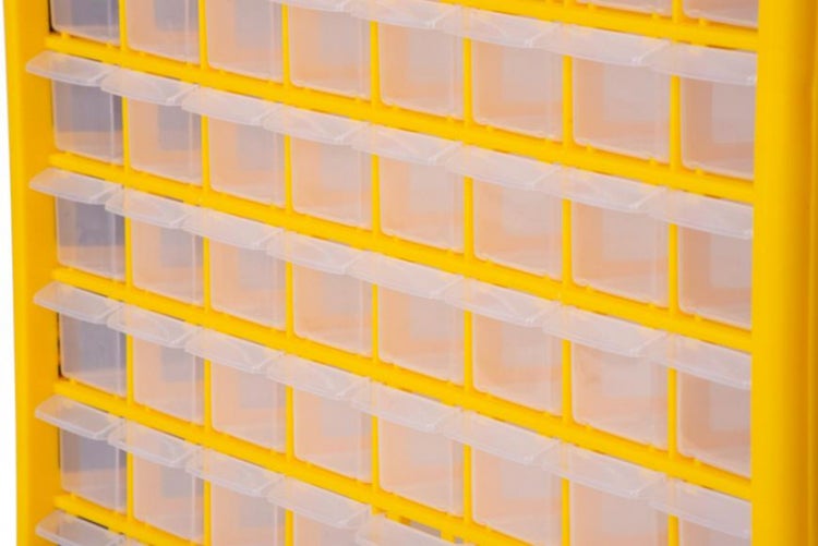 PROREGAL Cosimo Kleinteilemagazin mit 64 Schubfächer Grau/Gelb HxBxT 39 x 50 x 16 cm Kleinteileregal Sortimentsboxen Sortimentskastenregal