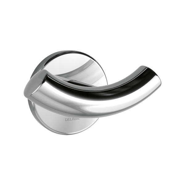 Moderner Badhaken aus verchromtem Metall mit runder Grundplatte und geschwungenem Haken.