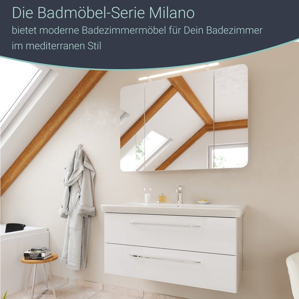 FACKELMANN MILANO Badmöbel Set 2 Teile – Waschtisch mit Unterschrank fürs Badezimmer – Waschbeckenunterschrank mit Schubladen in Weiß – Badschrank hängend – 100 cm breit
