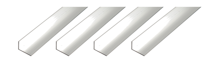 Vier Aluminium Winkelprofile in L Form für verschiedene handwerkliche Anwendungen im Bau und Heimwerkerbereich.
