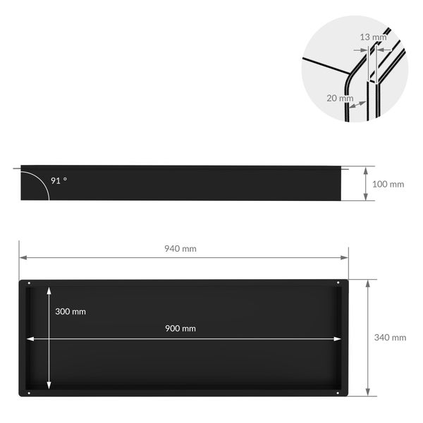 Maße schwarze Wandnische: Außen 940 mal 340 Millimeter, Innen 900 mal 300 Millimeter, Tiefe 100 Millimeter, Winkel 91 Grad.