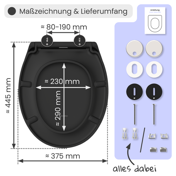 Maßzeichnung und Lieferumfang eines WC-Sitzes mit den Maßen 445 mm Höhe, 375 mm Breite, 230 mm Innenbreite und 290 mm Innentiefe sowie Montagezubehör und einer Bedienungsanleitung.