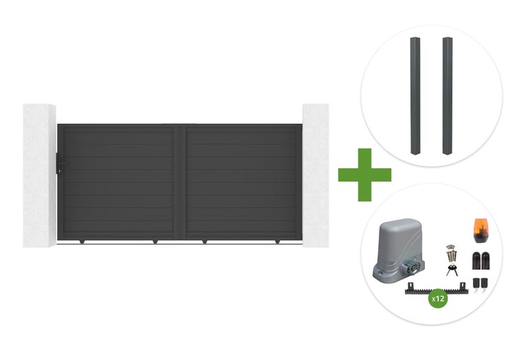 Schiebetor-Set inklusive zwei Pfosten und elektrischem Torantrieb mit Zubehör.