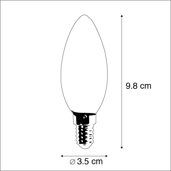 Technische Zeichnung einer Kerzenlampe mit einer Höhe von 9,8 Zentimetern und einem Durchmesser von 3,5 Zentimetern.