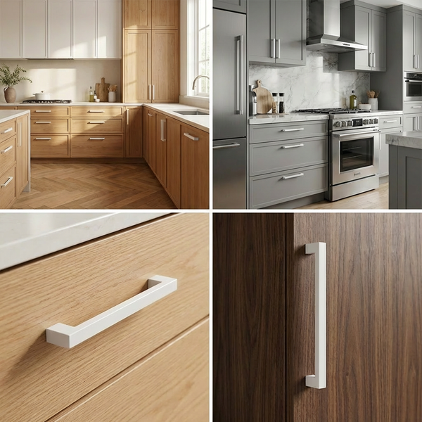 Collage von Küchen mit Griffleisten an Schränken und Schubladen