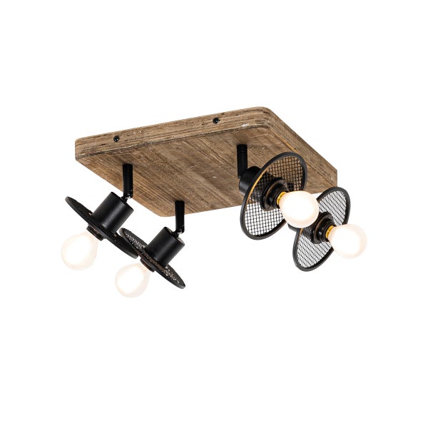 Deckenleuchte mit vier Strahlern, Holz und Metall