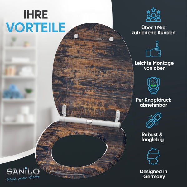 Sanilo Logo. WC-Sitz in Holzoptik, über 1 Million Kunden, Montage von oben, abnehmbar per Knopfdruck, robust, langlebig, Design aus Deutschland.