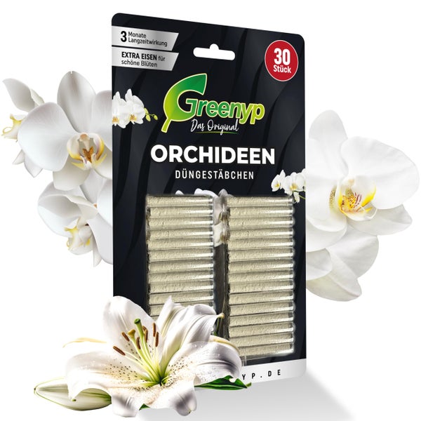 Greenyp 30x Orchideen Düngestäbchen I Universal NPK Orchideendünger für kraftvolle Blüten I Langzeitdünger mit Extra Eisen und 3 Monate Düngekraft.