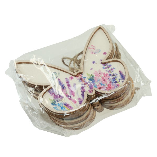 Dekorative Holzschmetterlinge mit Blumenmuster und Jutekordel in Plastikverpackung