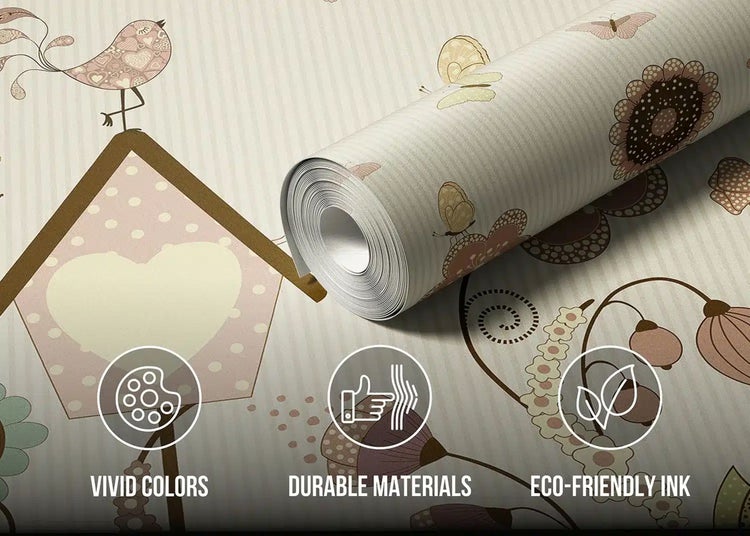 Tapetenrolle mit Vogelhaus- und Vogelmotiv. Lebendige Farben, langlebige Materialien und umweltfreundliche Tinte.