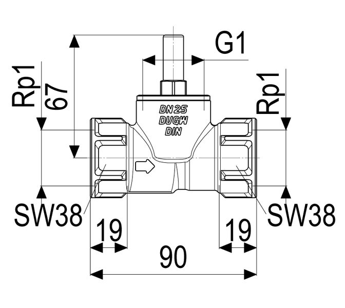 Maßzeichnung eines Ventils DN 25 mit DVGW Prüfung, Anschlüssen Rp 1 Zoll und einer Gesamtlänge von 90 Millimeter.