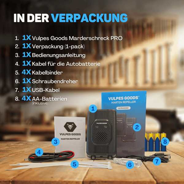 Vulpes Goods Marderabwehr  – Schädlingsabwehr – Multifunktionsset für Innen – Batteriebetrieben - 12V & Autobatterie