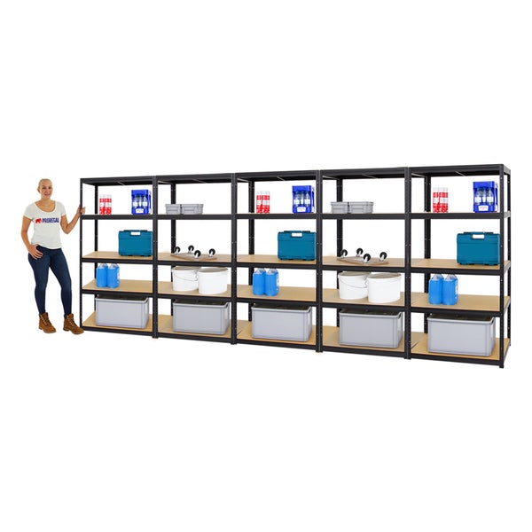 PROREGAL Mega Deal 5x Schwerlastregal Slim Elephant M HxBxT 180 x 90 x 60 cm 5 Ebenen Fachlast 350 kg Schwarz