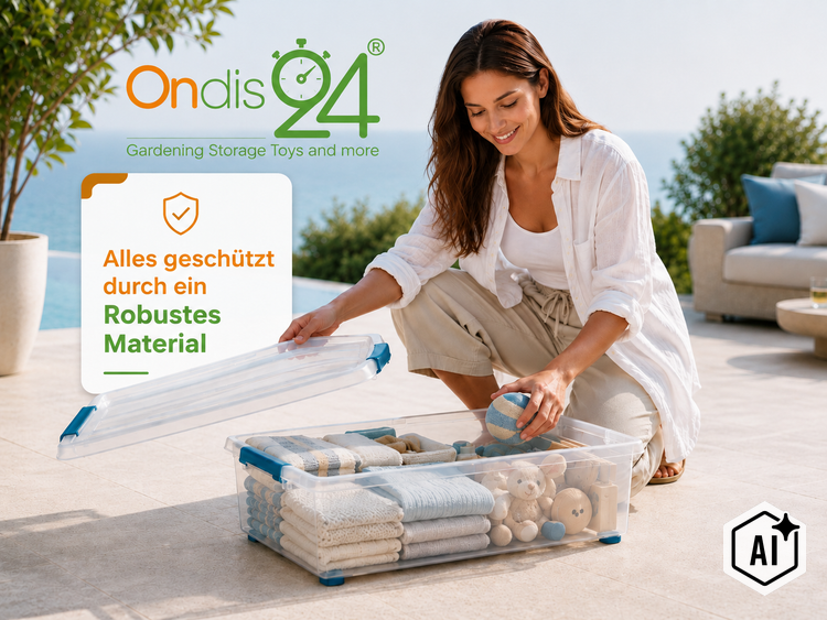 Eine Frau räumt Textilien und Spielzeug in eine transparente Kunststoff Aufbewahrungsbox von Ondis24 auf einer Terrasse mit Meerblick.