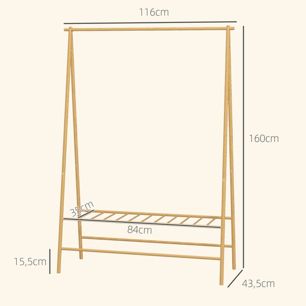 HOMCOM Kleiderständer Garderobenständer mit Ablagen, Haken, Kleiderstange, Garderobe aus Bambus für Schlafzimmer, Ausstellungen, Waschküche, Waschküche, Naturholz