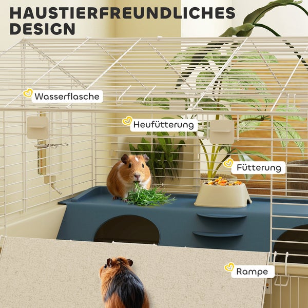 PawHut Kleintierkäfig mit Laufstall, Kaninchenkäfig, Kleintierstall mit Wasserflasche, Heufütterung, Futterschale, Rampe Nagerkäfig mit Rollen für Meerschweinchen und Igel Weiß