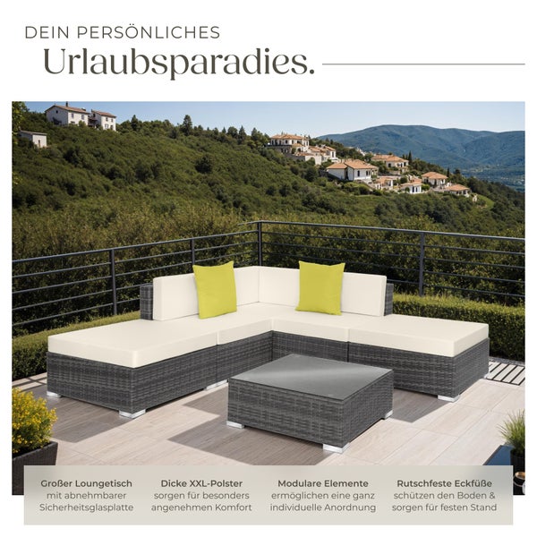 Rattan Lounge tectake Paris mit Sicherheitsglasplatte mit Aluminiumgestell grau