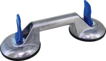 Doppel-Saugheber aus Aluminium mit zwei Saugnäpfen, schwarzen Gummischeiben und blauen Kunststoffhebeln.