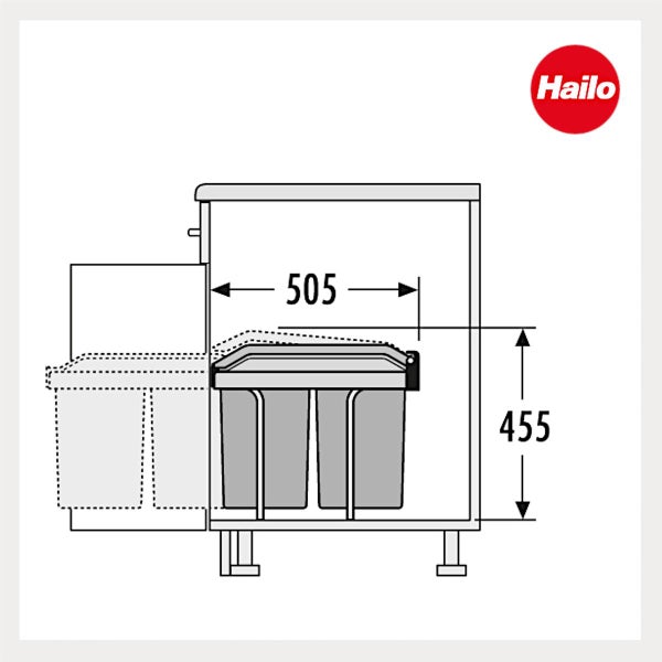 Hailo Logo. Maßzeichnung eines Einbau-Abfallsammlers für Küchenunterschränke mit den Maßen 505 Millimeter und 455 Millimeter.