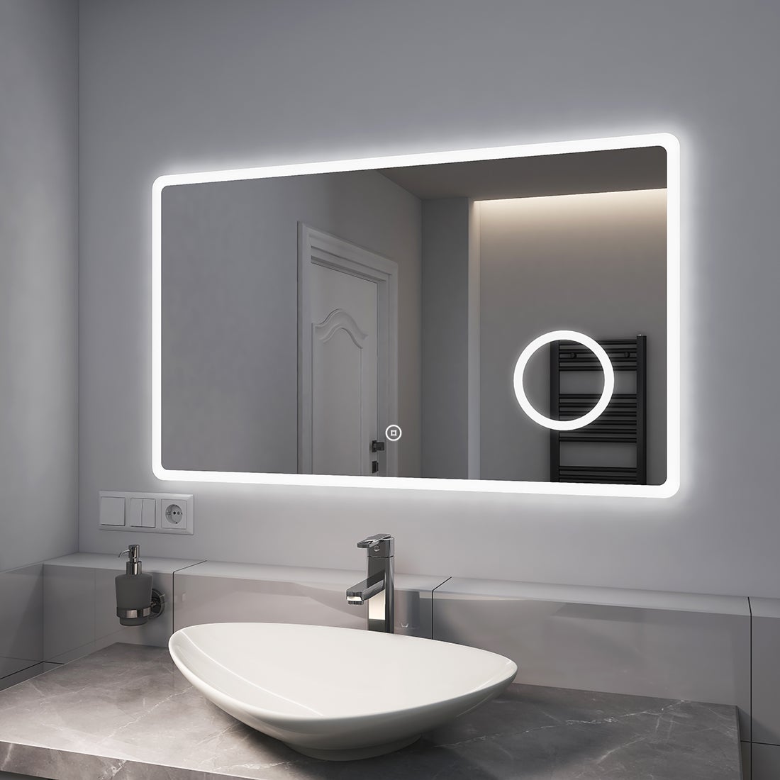 EMKE Badspiegel mit 3-fache Vergrößerung, LED Beleuchtung, 100x60cm, 3 Lichtfarben Dimmbar, Touch