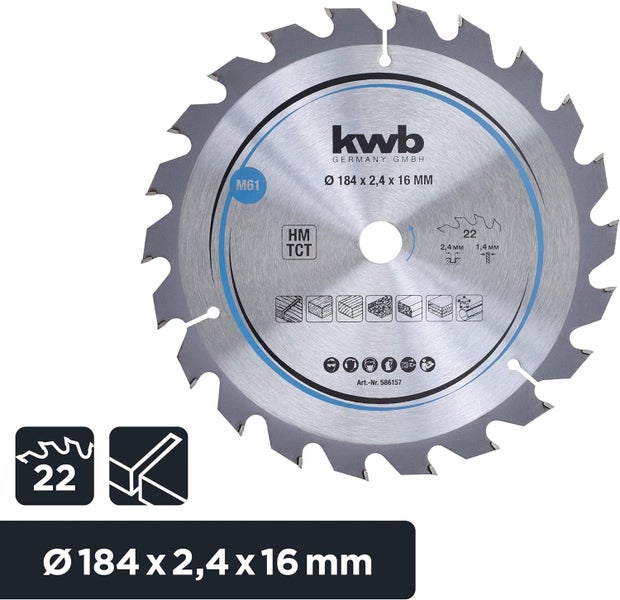 kwb Kreissägeblatt 184 x 16 mm - Schneller Schnitt, geeignet für Weich- und Hartholz, Tischlerplatten und Spanplatten - Hartmetall-Zähne, flexibles Stammblatt