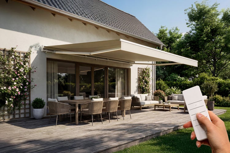 Terrasse mit ausfahrbarer Markise, Terrassenmöbeln und Fernbedienung