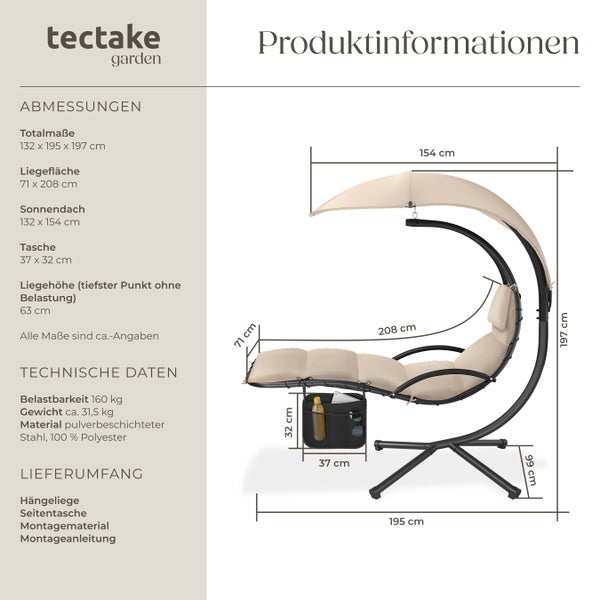 Hängeliege tectake Elaria 195 x 132 x 197 cm, mit Seitentasche großes Sonnendach mit UV-Schutz beige