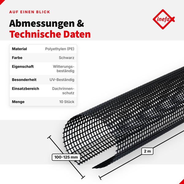 Technische Daten und Abmessungen für inefa Dachrinnenschutz aus Polyethylen mit 2 Meter Länge.