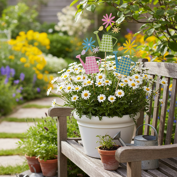 Weißer Blumentopf mit Margeriten und dekorativen Gartensteckern in Gießkannenform auf einer Holzbank im hellen Garten.